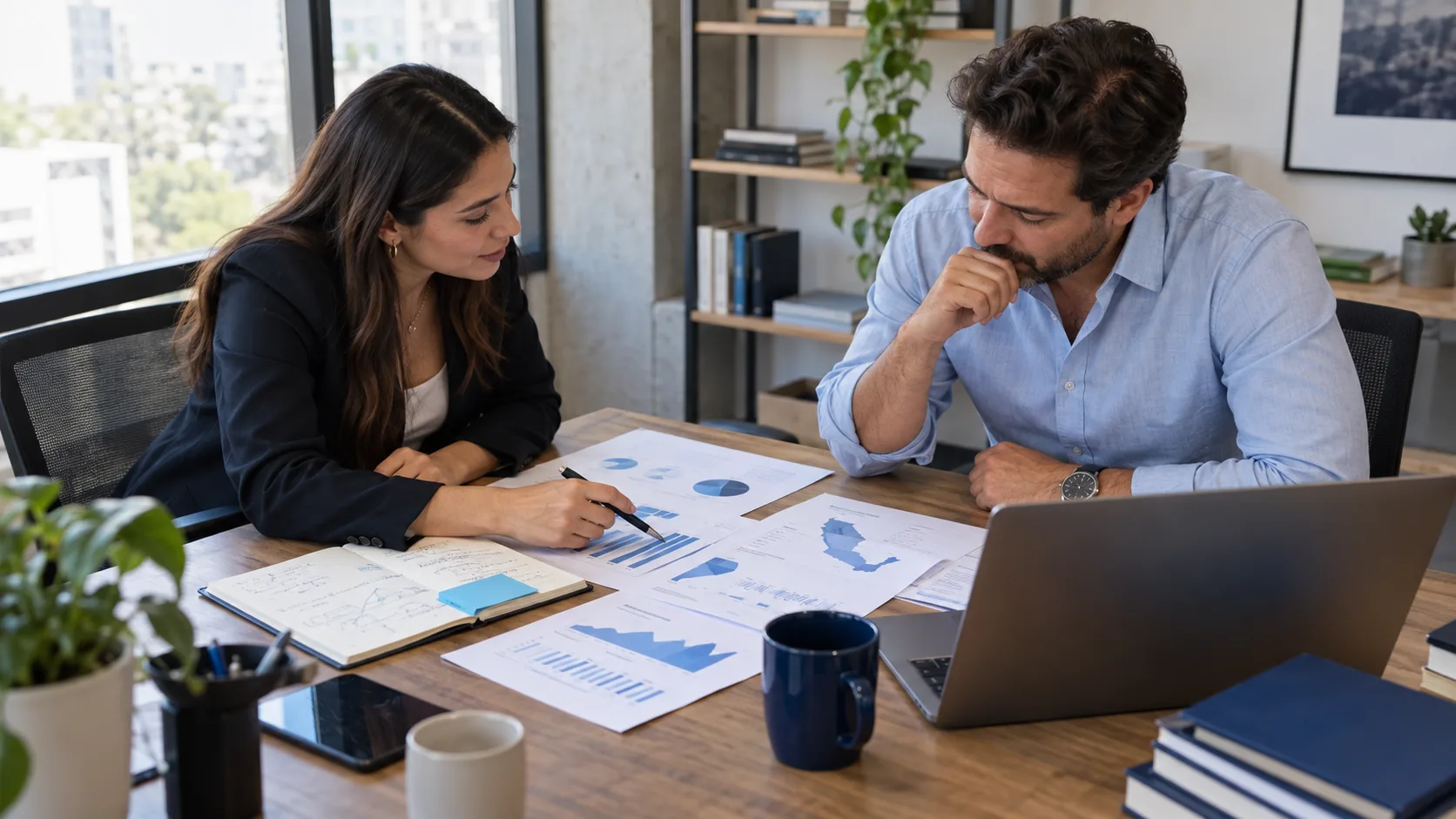 Estratega y empresario revisando alcance, reportes y presupuesto de una estrategia SEO y AEO